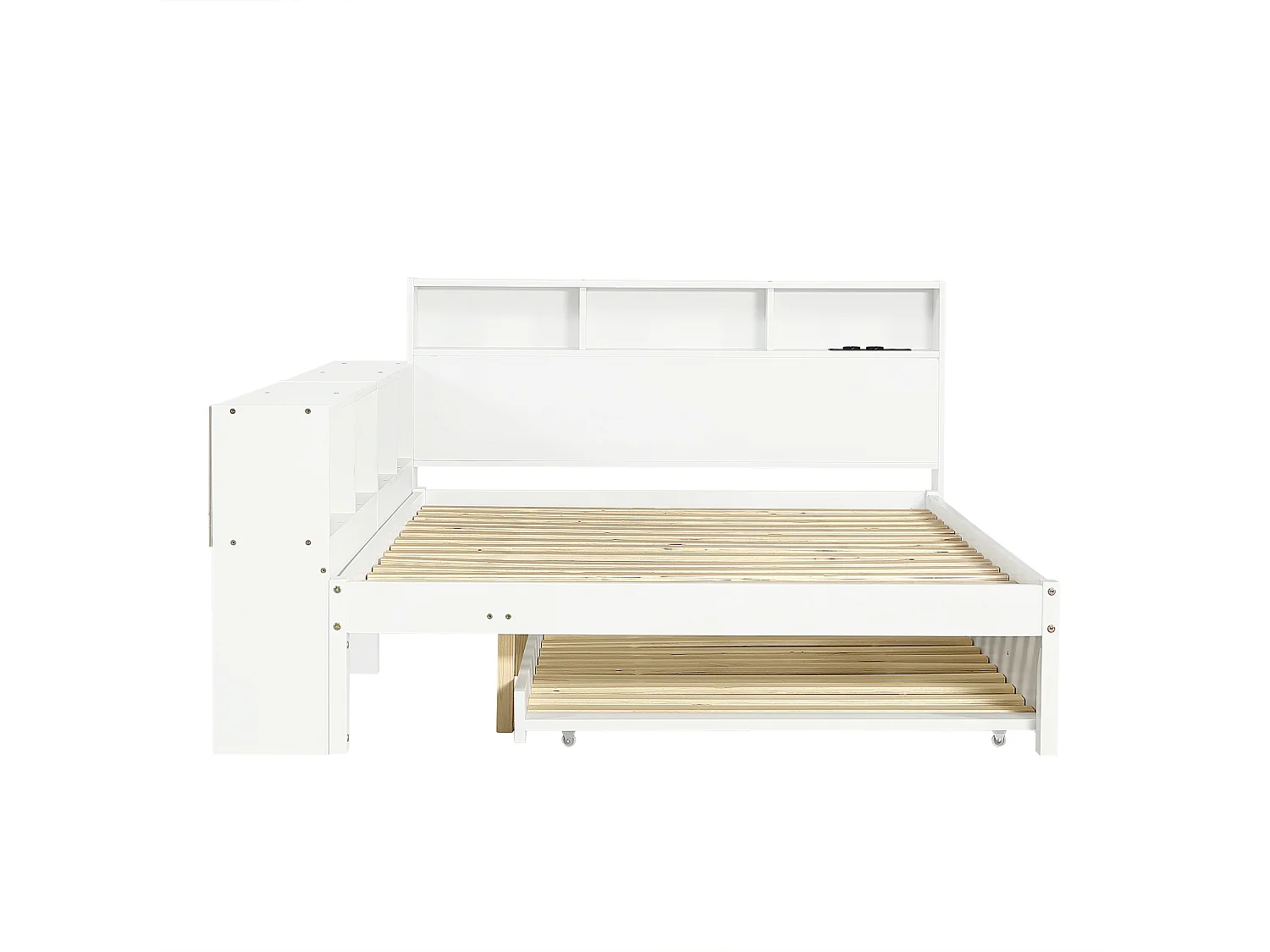 Lit gigogne 120 x 200 cm + 90 x 190 cm avec étagère latérale et station de recharge – Pin + MDF – Blanc (Sans matelas)