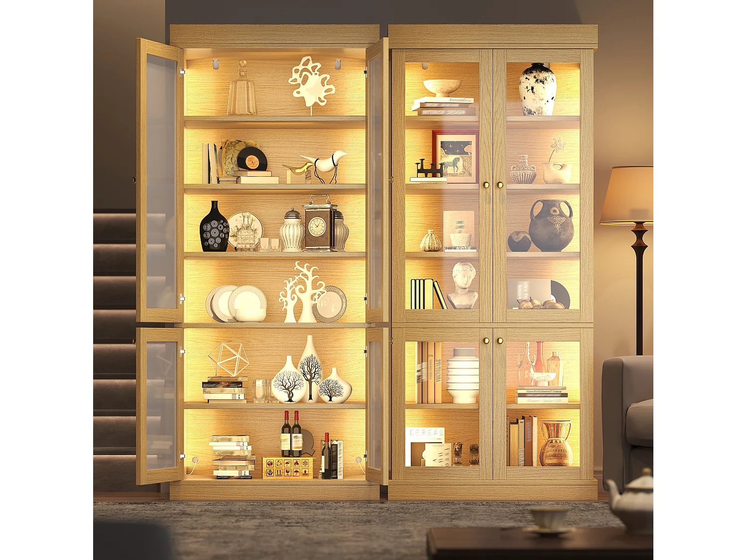 Set di 2 vetrine a LED con 8 ante in vetro e ripiani portaoggetti - MDF e metallo - 160 × 40 × 180 cm - Naturale