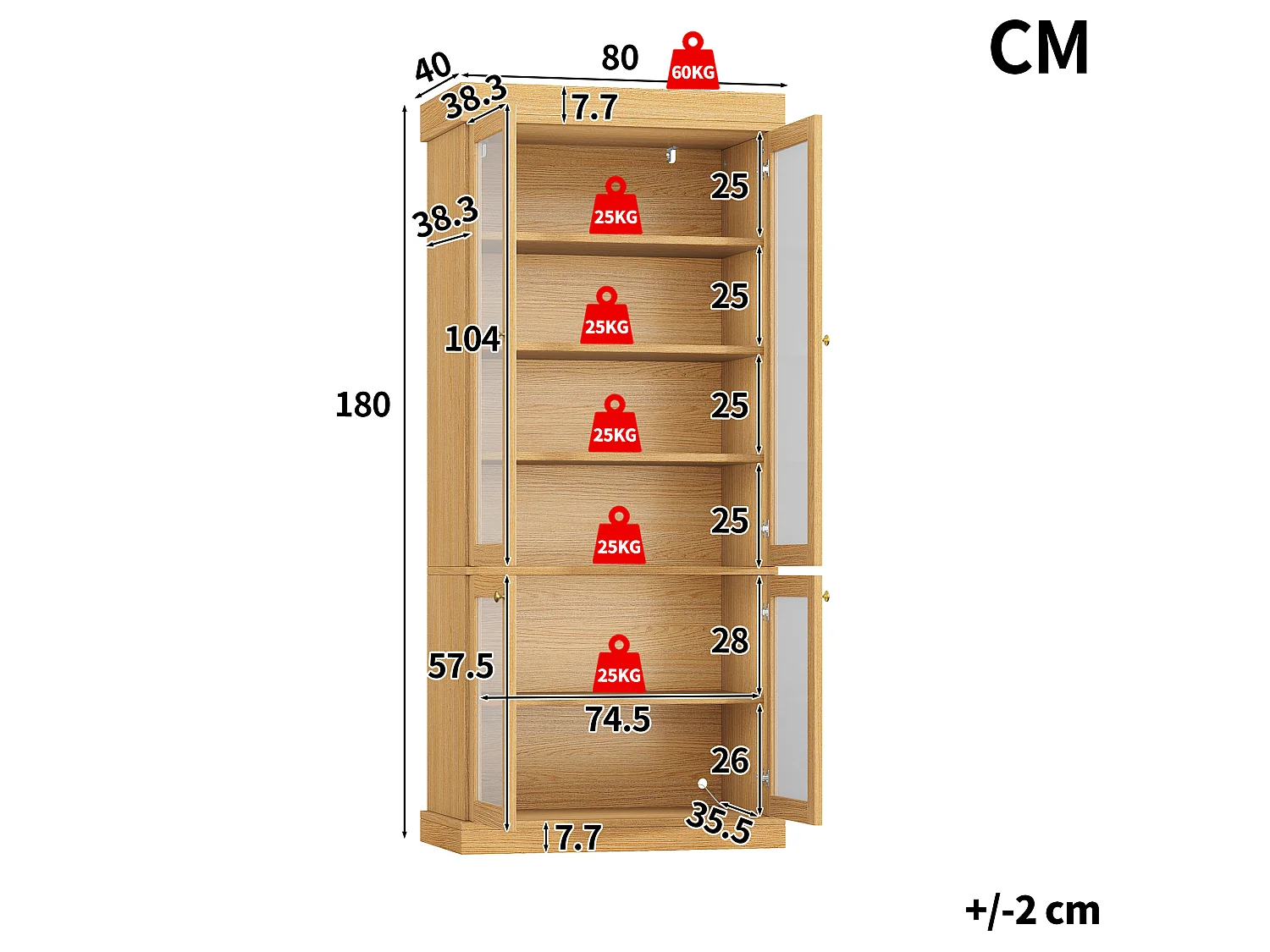 Set di 2 vetrine a LED con 8 ante in vetro e ripiani portaoggetti - MDF e metallo - 160 × 40 × 180 cm - Naturale
