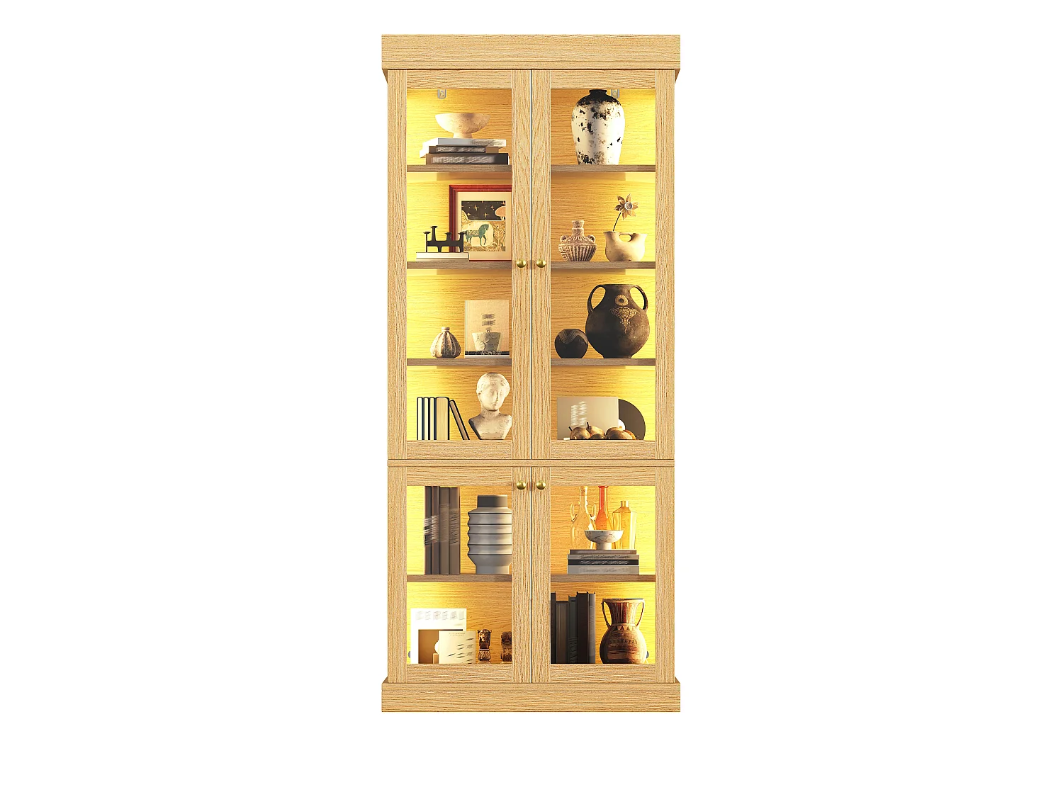 Set di 2 vetrine a LED con 8 ante in vetro e ripiani portaoggetti - MDF e metallo - 160 × 40 × 180 cm - Naturale
