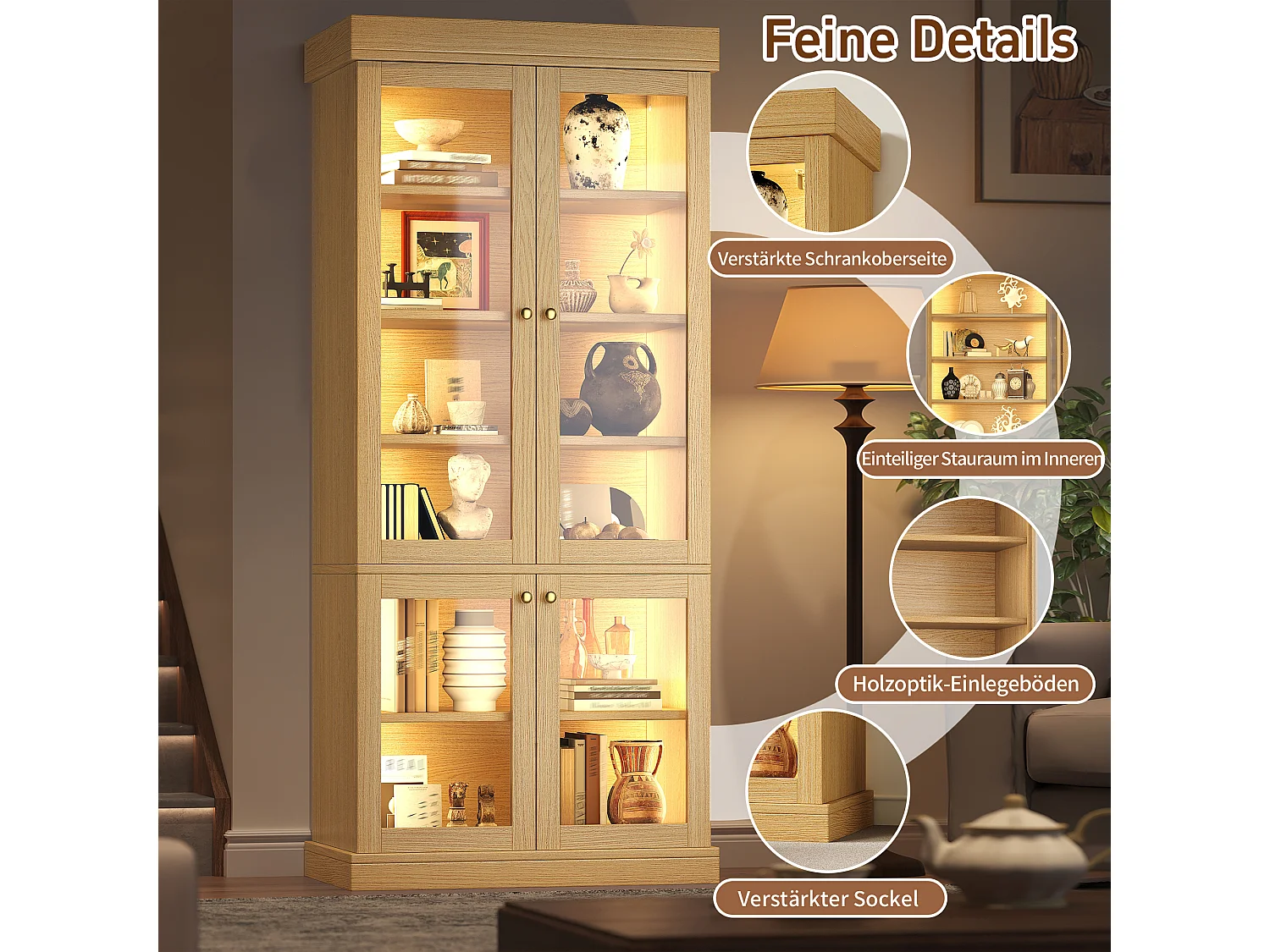 Set di 2 vetrine a LED con 8 ante in vetro e ripiani portaoggetti - MDF e metallo - 160 × 40 × 180 cm - Naturale