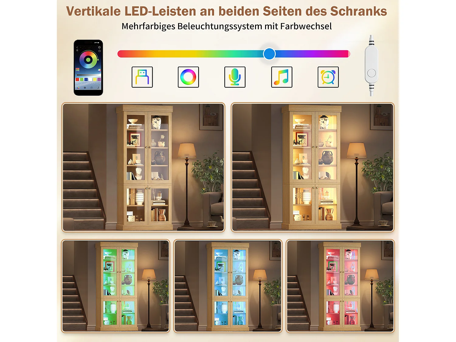 Set di 2 vetrine a LED con 8 ante in vetro e ripiani portaoggetti - MDF e metallo - 160 × 40 × 180 cm - Naturale