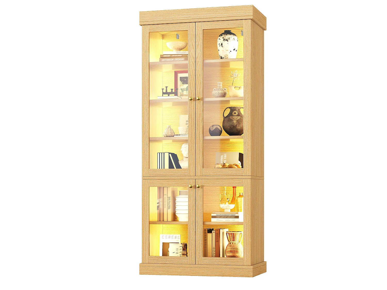 Set di 2 vetrine a LED con 8 ante in vetro e ripiani portaoggetti - MDF e metallo - 160 × 40 × 180 cm - Naturale