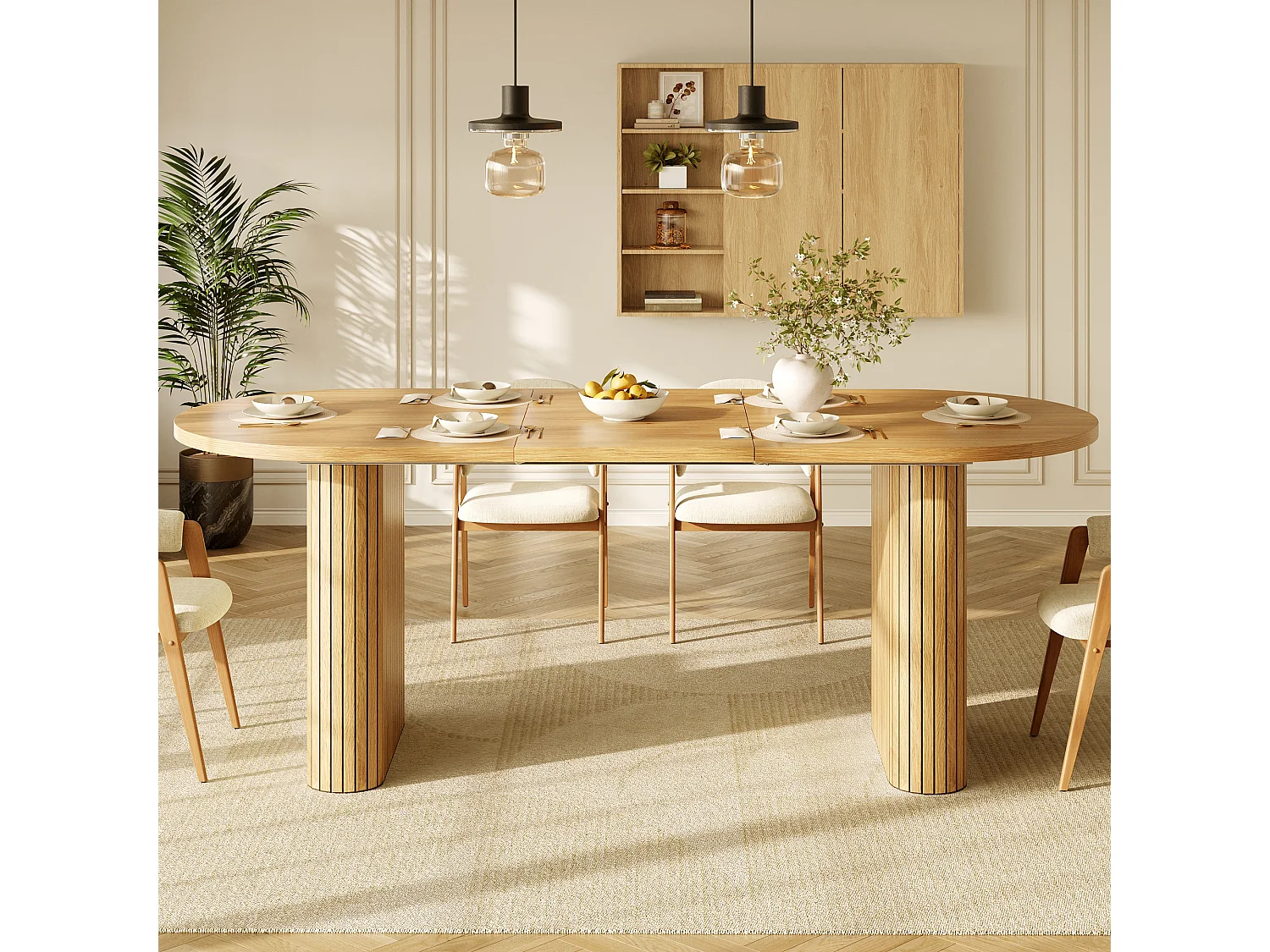 Table à manger ovale extensible avec plateau épais, coins arrondis et pieds texturés - MDF - 120-160 x 80 x 75,5 cm - Bois naturel