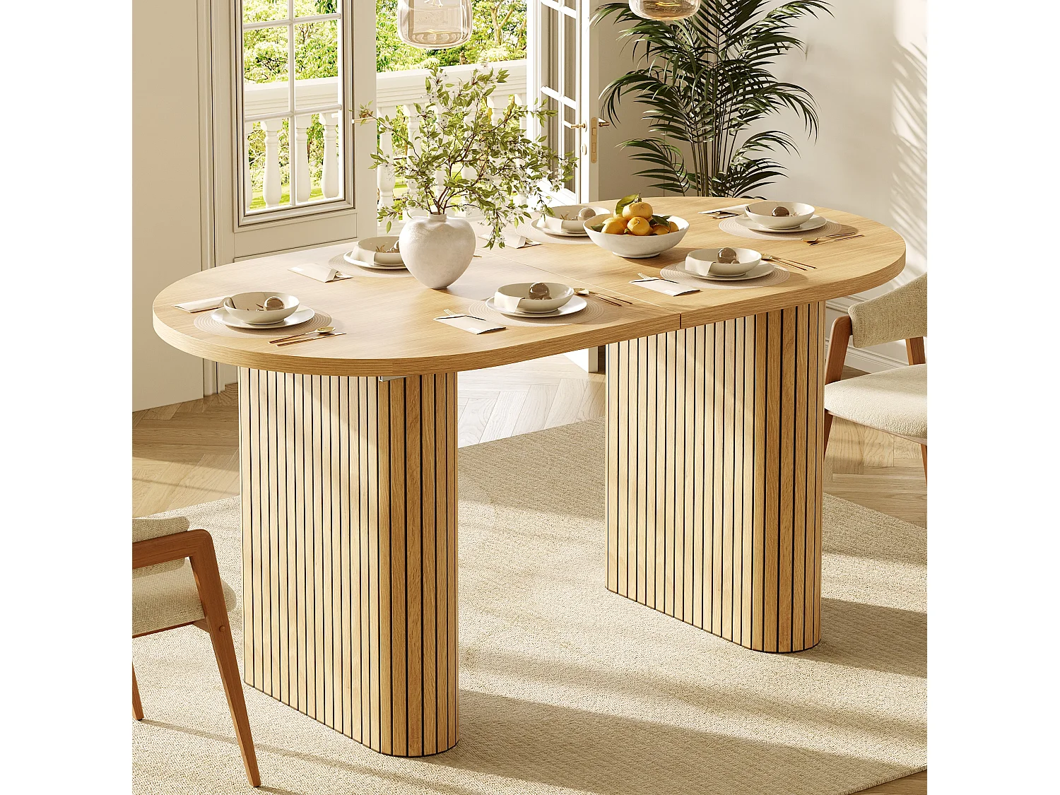 Table à manger ovale extensible avec plateau épais, coins arrondis et pieds texturés - MDF - 120-160 x 80 x 75,5 cm - Bois naturel