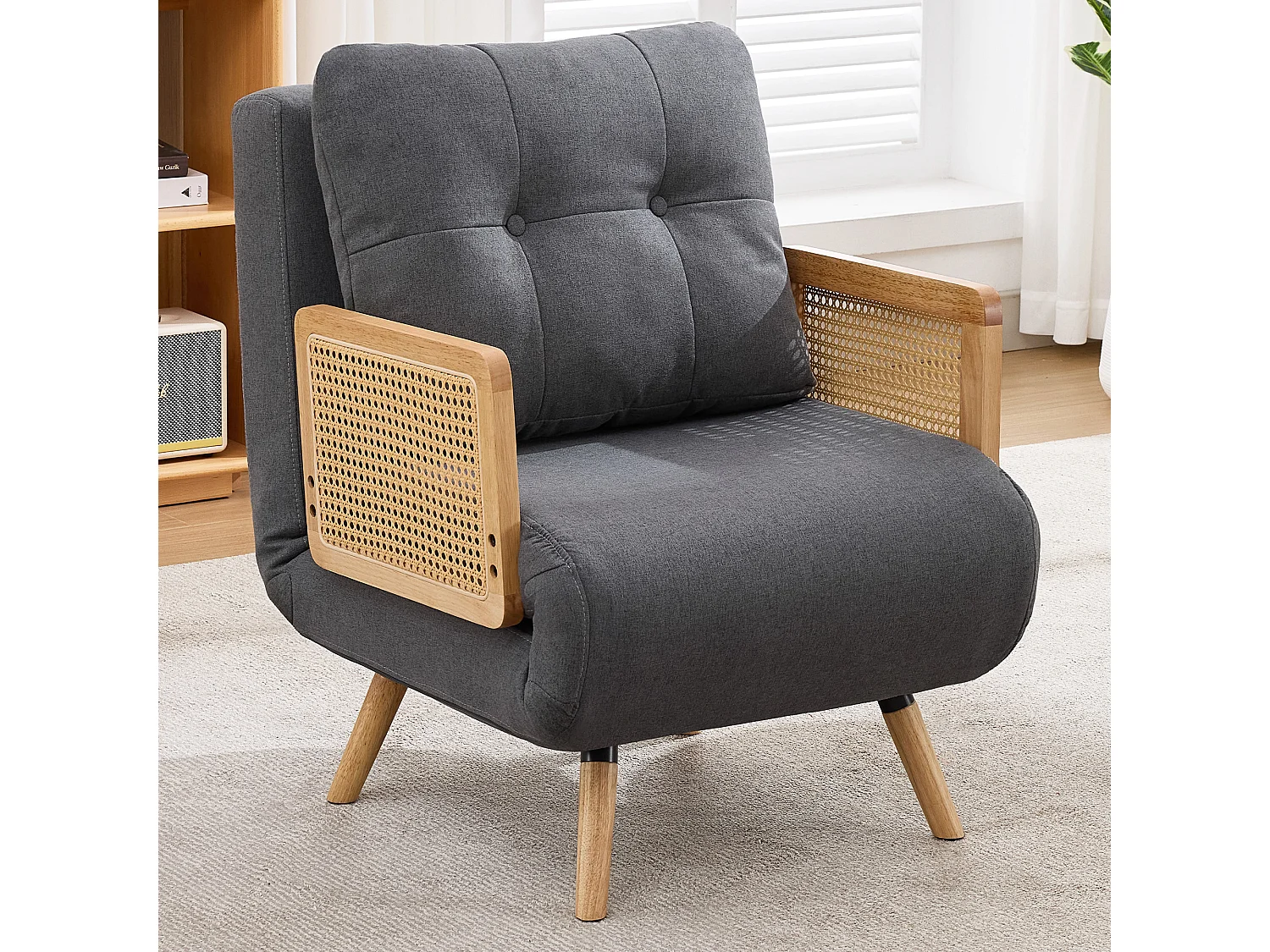 Fauteuil convertible 3 en 1 avec dossier réglable 5 positions et coussin amovible – Lin, bois massif et rotin – 67,5 x 73 x 86,5 cm - Gris