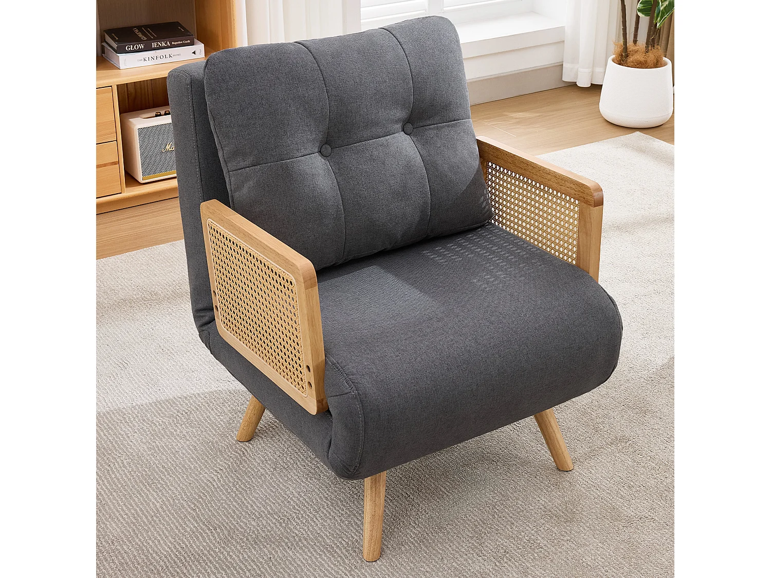 Fauteuil convertible 3 en 1 avec dossier réglable 5 positions et coussin amovible – Lin, bois massif et rotin – 67,5 x 73 x 86,5 cm - Gris