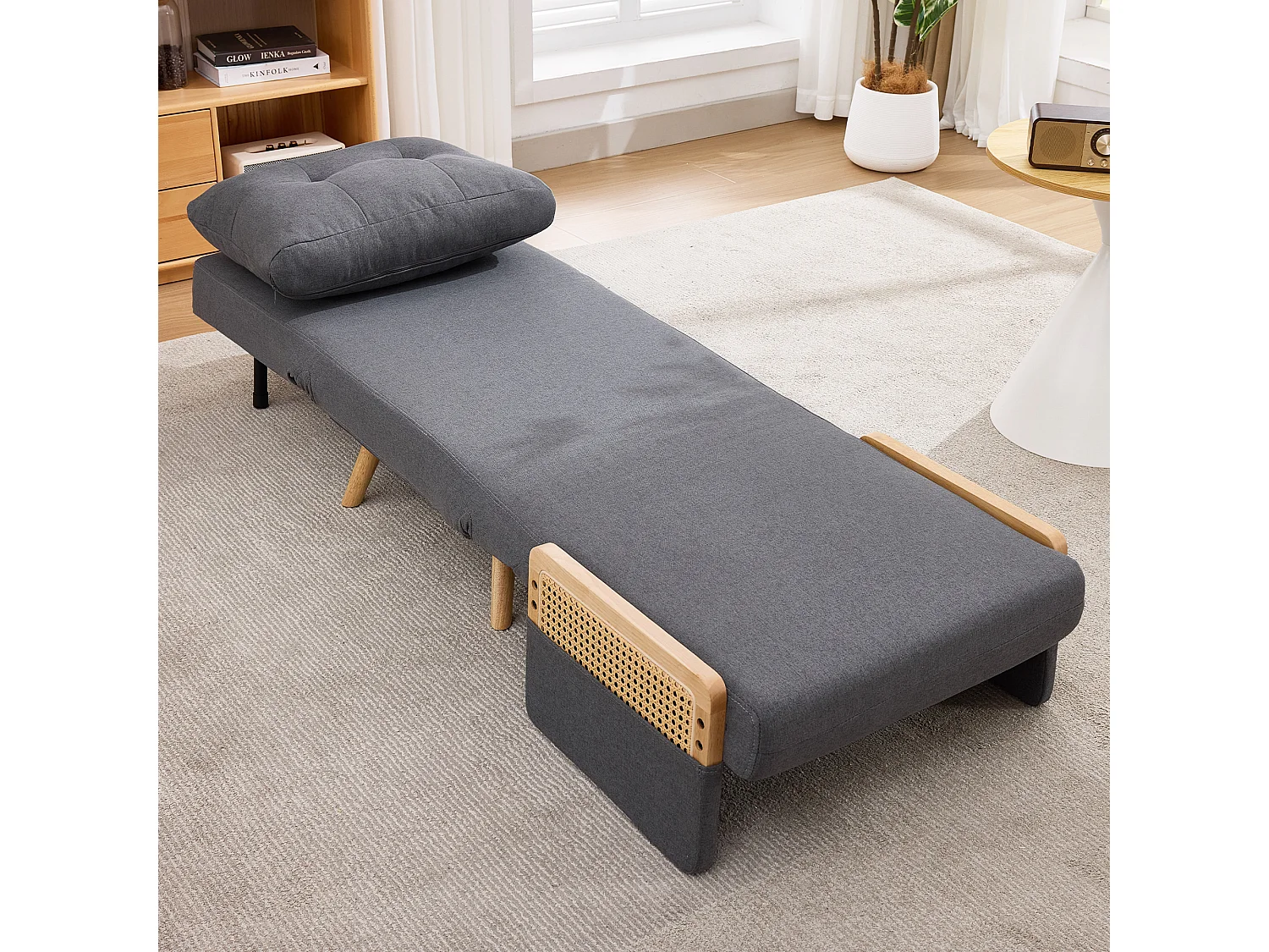 Fauteuil convertible 3 en 1 avec dossier réglable 5 positions et coussin amovible – Lin, bois massif et rotin – 67,5 x 73 x 86,5 cm - Gris