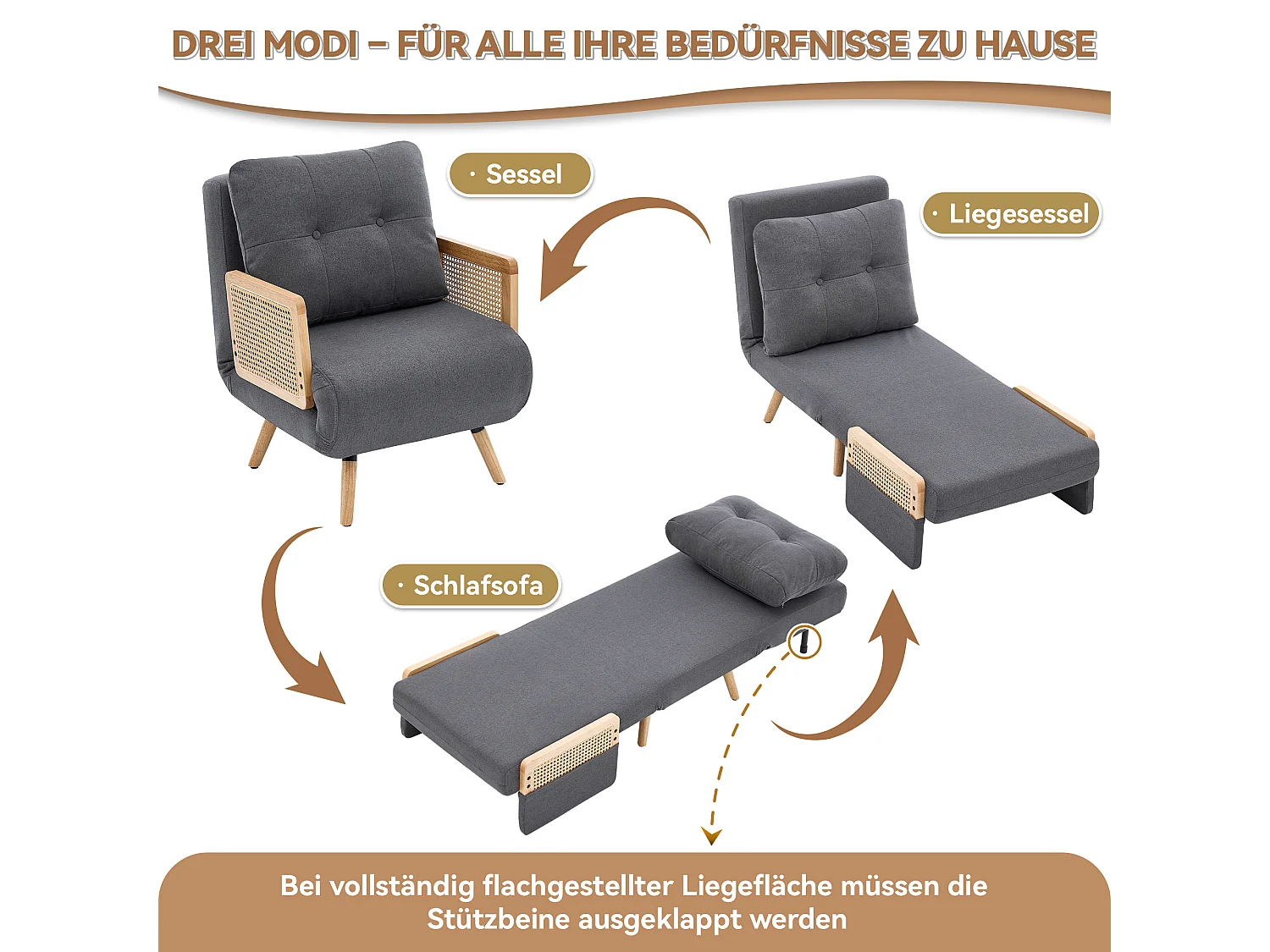 Fauteuil convertible 3 en 1 avec dossier réglable 5 positions et coussin amovible – Lin, bois massif et rotin – 67,5 x 73 x 86,5 cm - Gris