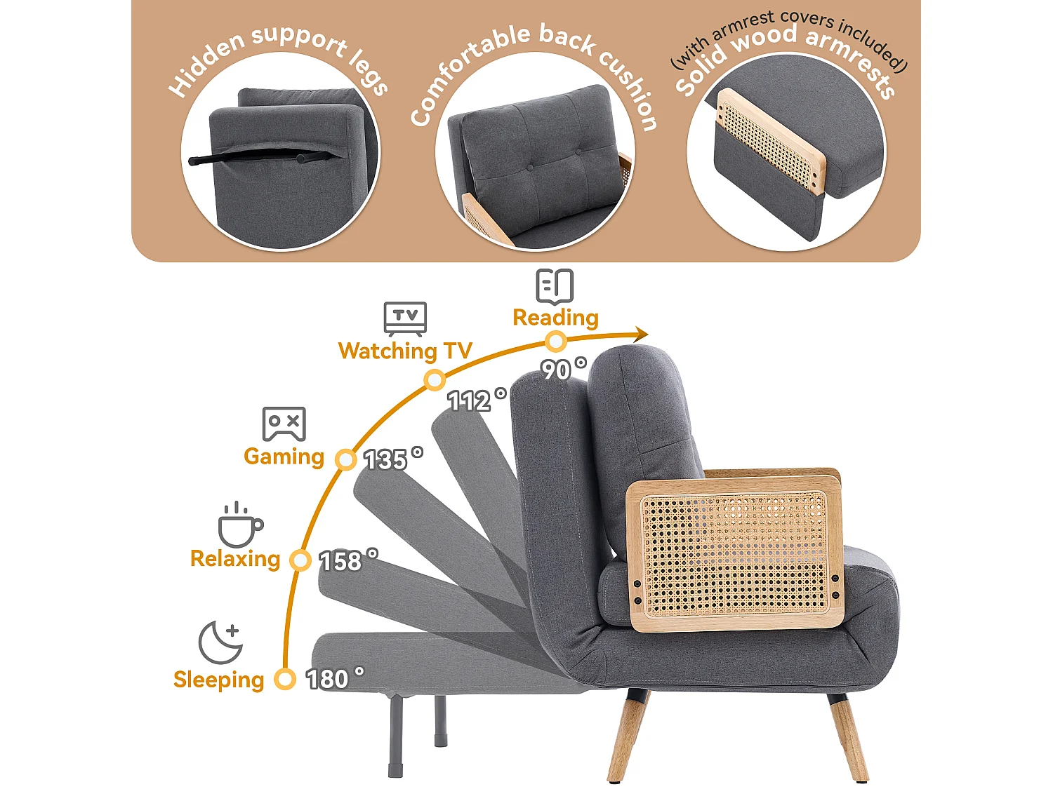 Fauteuil convertible 3 en 1 avec dossier réglable 5 positions et coussin amovible – Lin, bois massif et rotin – 67,5 x 73 x 86,5 cm - Gris