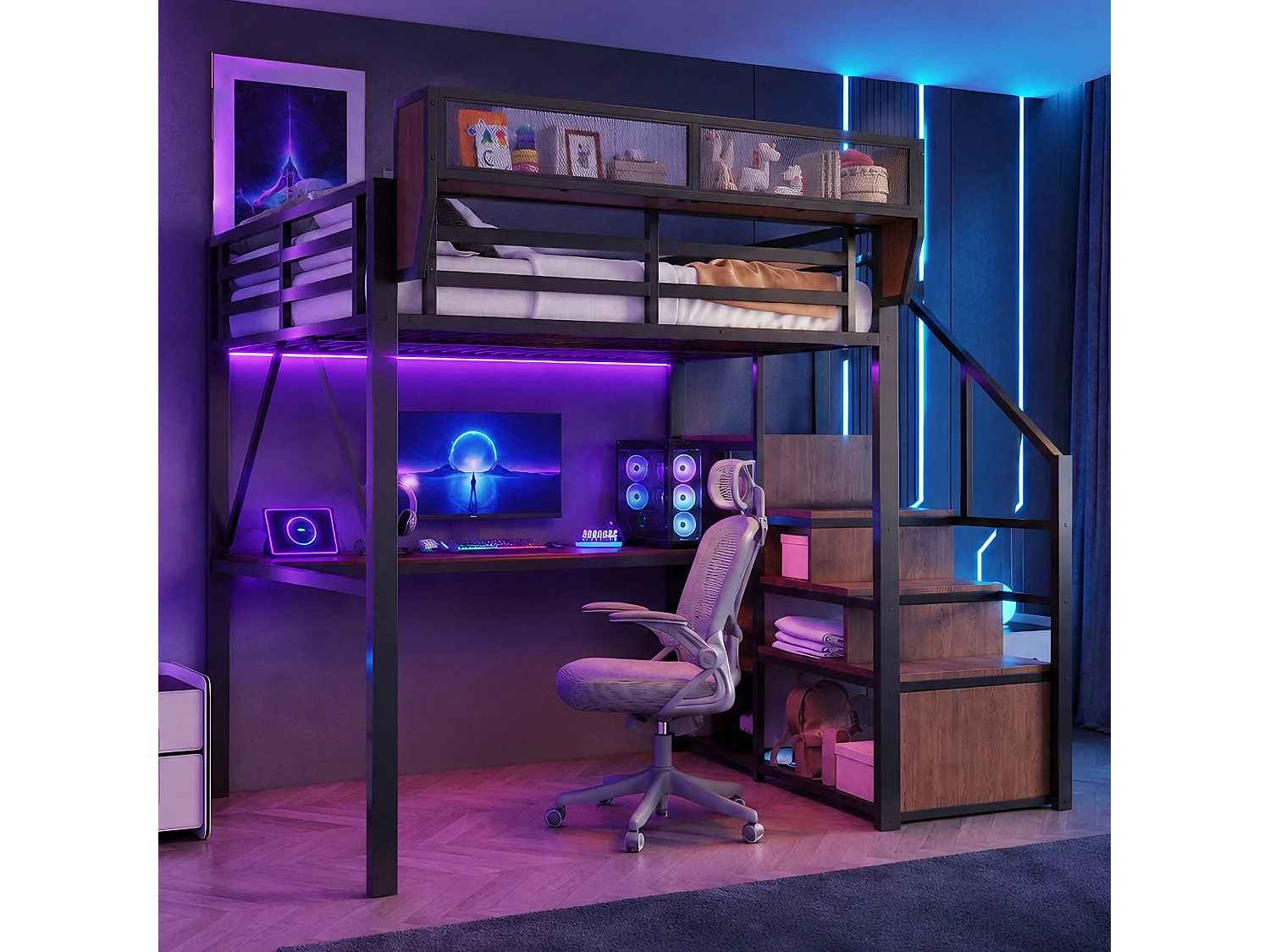 Lit mezzanine 140 x 200 cm avec bureau 2 m, étagères, LED et prises électriques - Métal + MDF - Noir (Sans matelas)