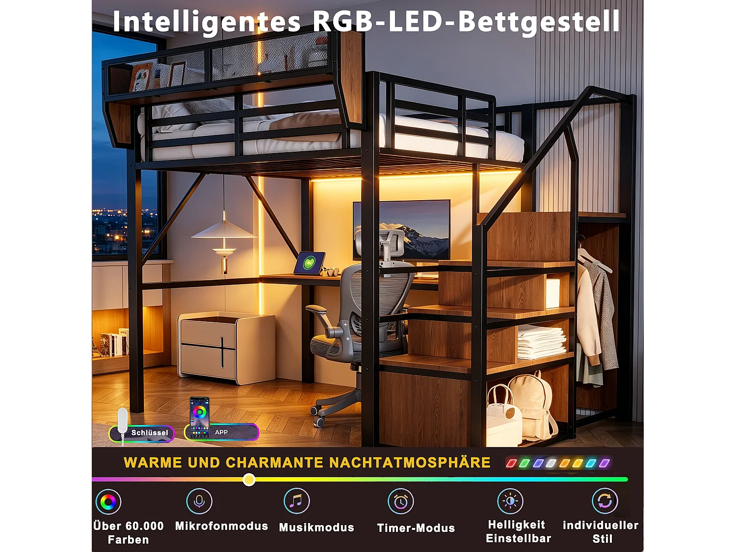 Lit mezzanine 140 x 200 cm avec bureau 2 m, étagères, LED et prises électriques - Métal + MDF - Noir (Sans matelas)
