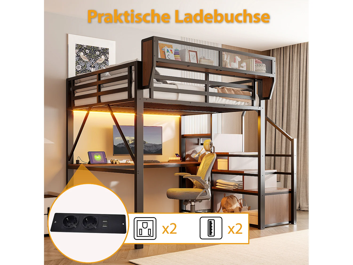 Lit mezzanine 140 x 200 cm avec bureau 2 m, étagères, LED et prises électriques - Métal + MDF - Noir (Sans matelas)