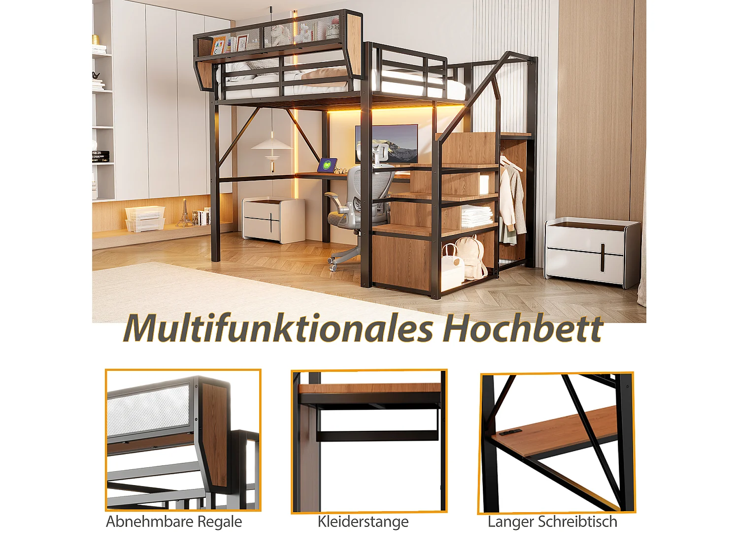 Lit mezzanine 140 x 200 cm avec bureau 2 m, étagères, LED et prises électriques - Métal + MDF - Noir (Sans matelas)