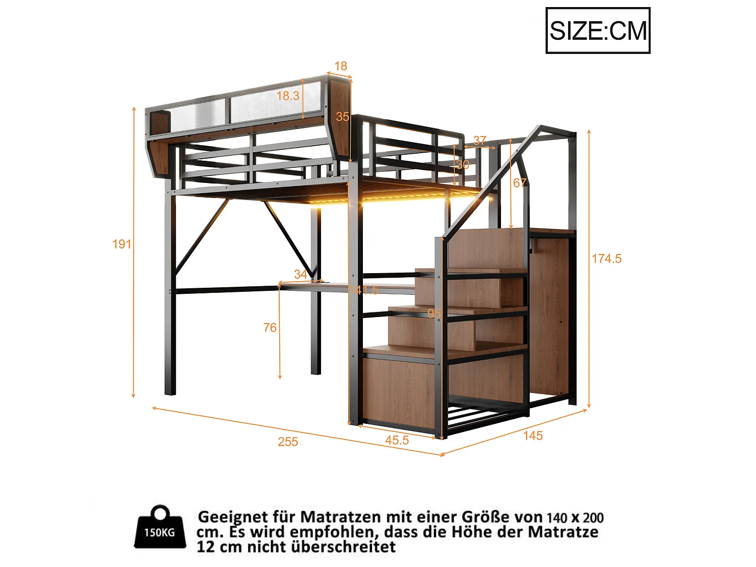 Lit mezzanine 140 x 200 cm avec bureau 2 m, étagères, LED et prises électriques - Métal + MDF - Noir (Sans matelas)