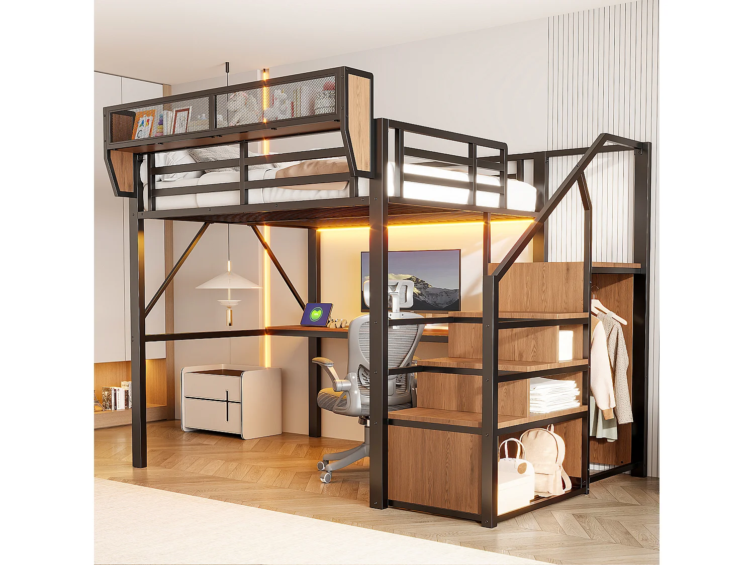 Lit mezzanine 140 x 200 cm avec bureau 2 m, étagères, LED et prises électriques - Métal + MDF - Noir (Sans matelas)
