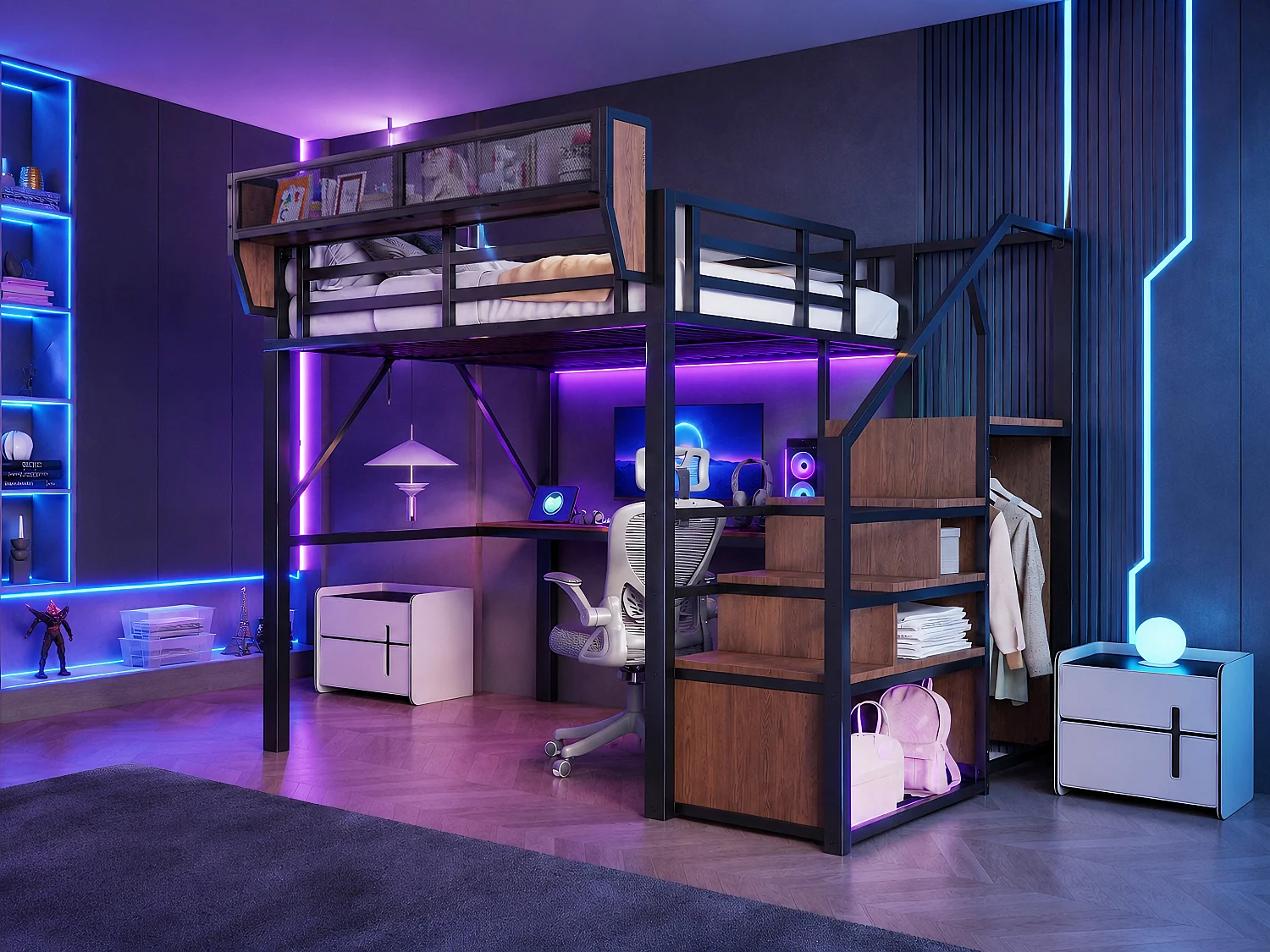 Lit mezzanine 140 x 200 cm avec bureau 2 m, étagères, LED et prises électriques - Métal + MDF - Noir (Sans matelas)