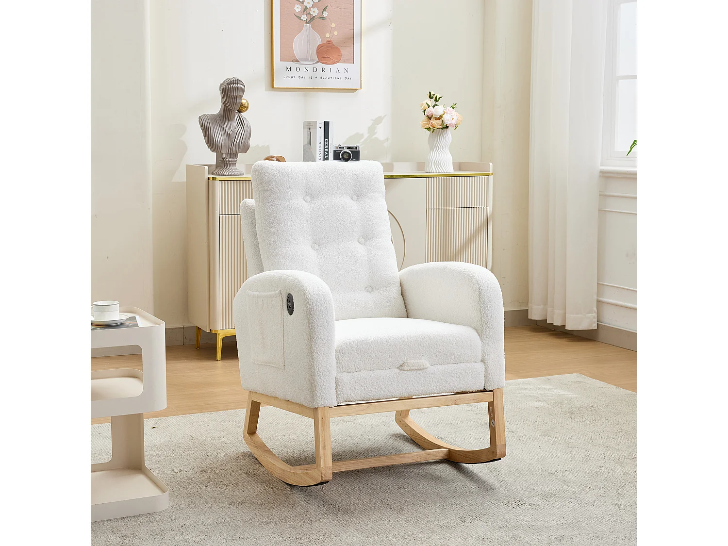 Fauteuil à bascule avec repose-pieds rétractable, USB/USB-C et poches latérales - Bois/tissu polaire/mousse - 66,5 x 121,5 x 102 cm - Blanc
