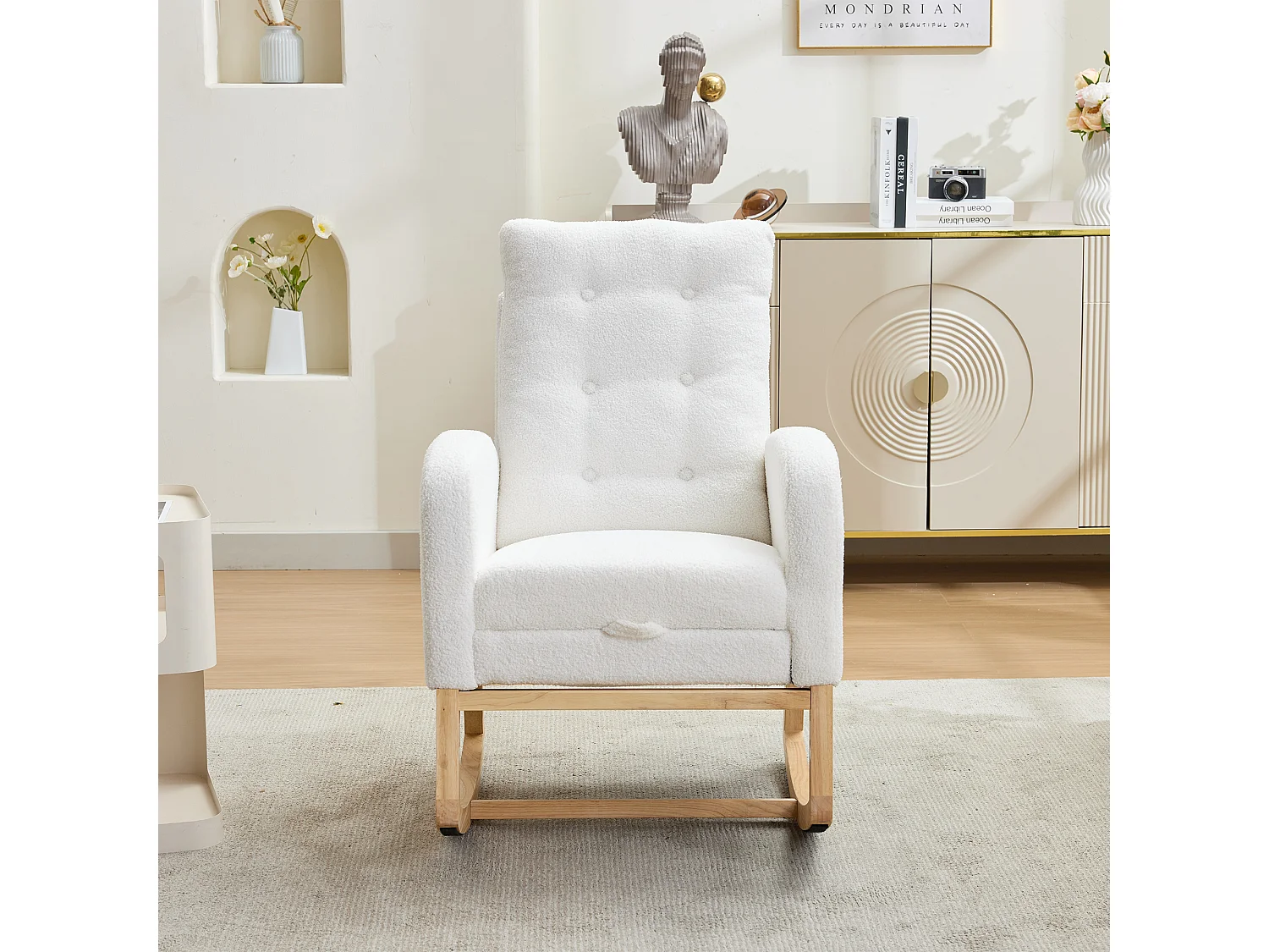 Fauteuil à bascule avec repose-pieds rétractable, USB/USB-C et poches latérales - Bois/tissu polaire/mousse - 66,5 x 121,5 x 102 cm - Blanc