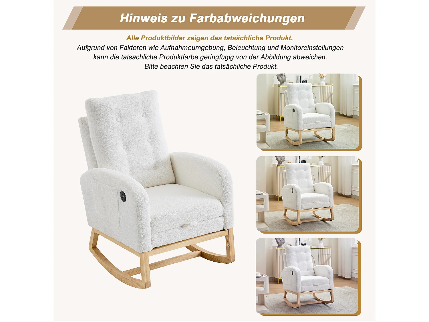 Fauteuil à bascule avec repose-pieds rétractable, USB/USB-C et poches latérales - Bois/tissu polaire/mousse - 66,5 x 121,5 x 102 cm - Blanc