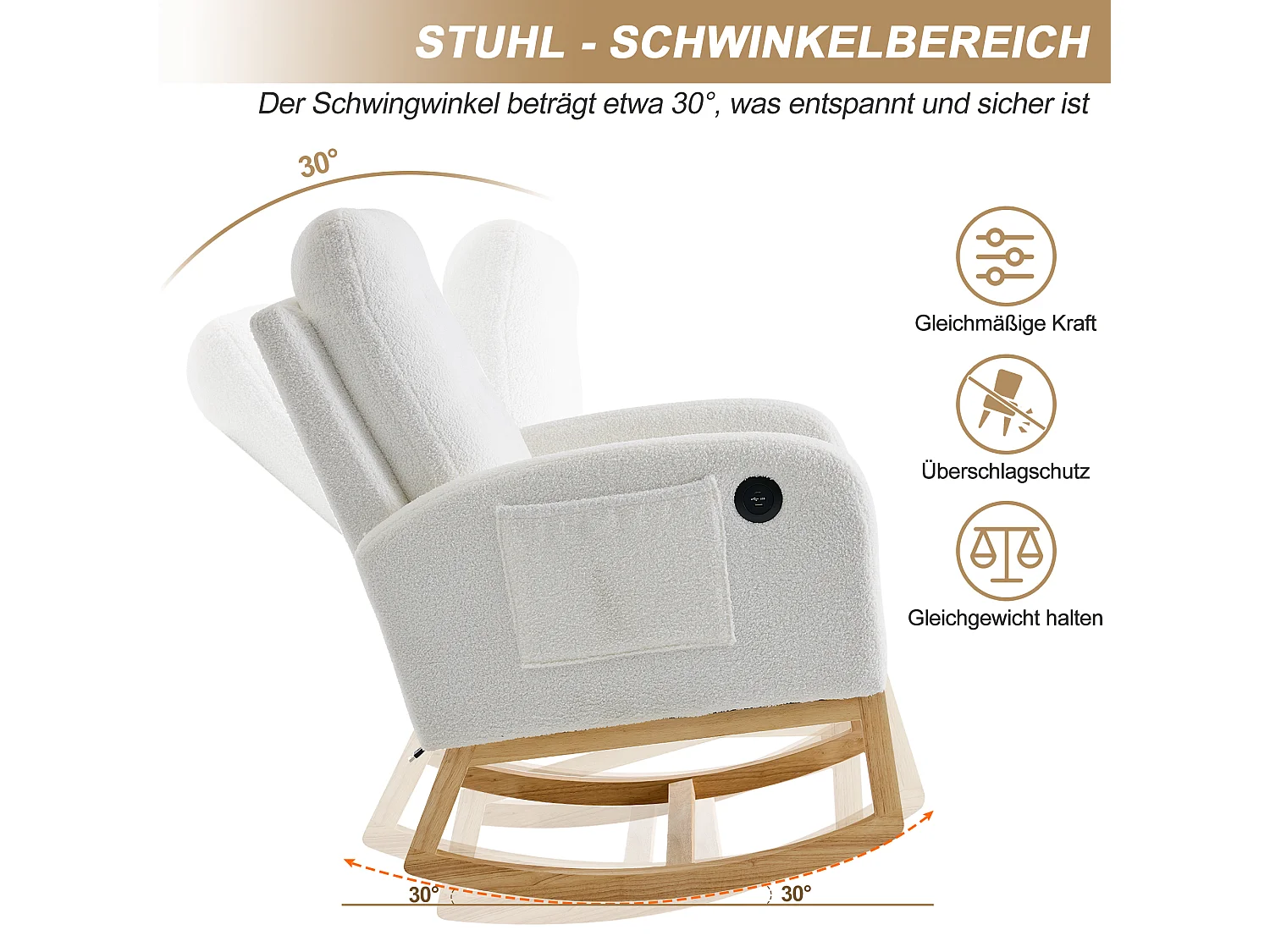 Fauteuil à bascule avec repose-pieds rétractable, USB/USB-C et poches latérales - Bois/tissu polaire/mousse - 66,5 x 121,5 x 102 cm - Blanc