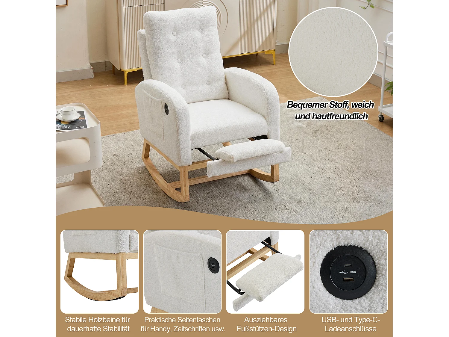 Fauteuil à bascule avec repose-pieds rétractable, USB/USB-C et poches latérales - Bois/tissu polaire/mousse - 66,5 x 121,5 x 102 cm - Blanc