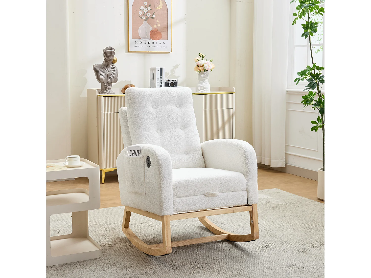 Fauteuil à bascule avec repose-pieds rétractable, USB/USB-C et poches latérales - Bois/tissu polaire/mousse - 66,5 x 121,5 x 102 cm - Blanc