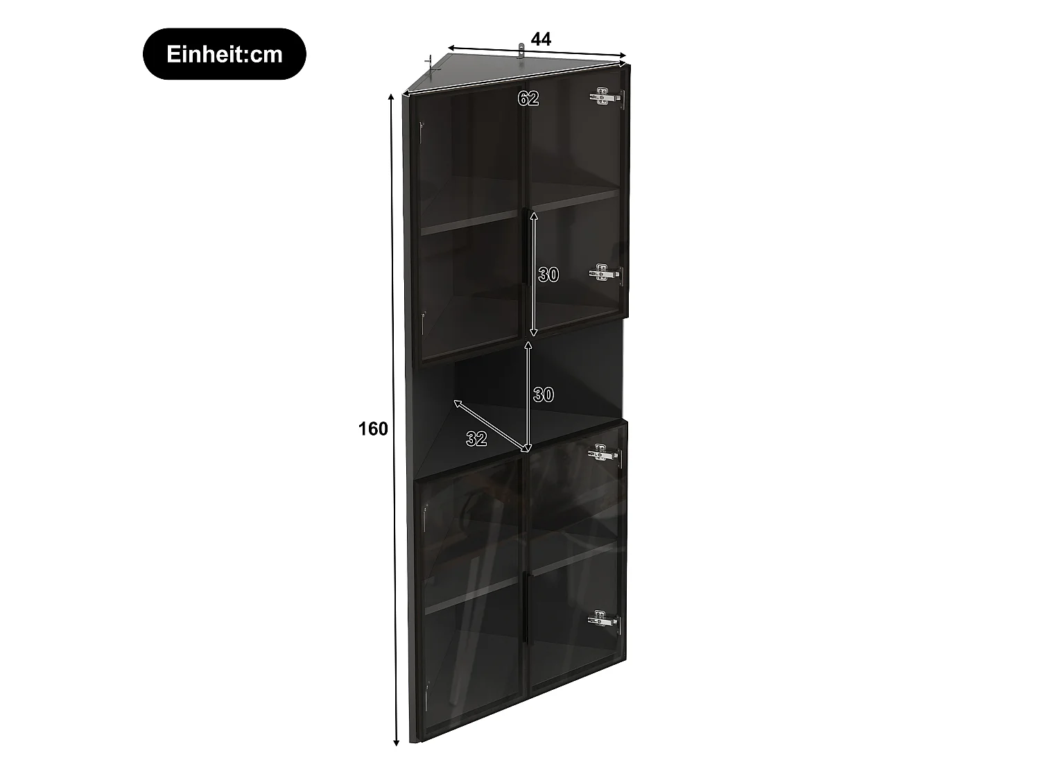 Vitrine d'angle triangulaire avec éclairage LED et 4 portes - MDF et verre trempé + MDF - 62 x 32 x 160 cm - Noir