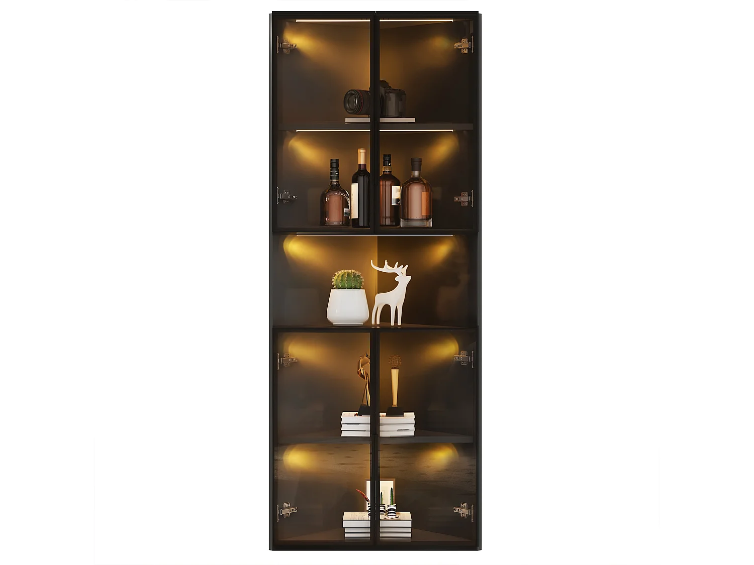 Vitrine d'angle triangulaire avec éclairage LED et 4 portes - MDF et verre trempé + MDF - 62 x 32 x 160 cm - Noir