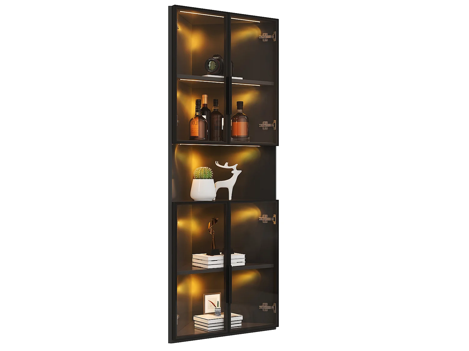 Vitrine d'angle triangulaire avec éclairage LED et 4 portes - MDF et verre trempé + MDF - 62 x 32 x 160 cm - Noir