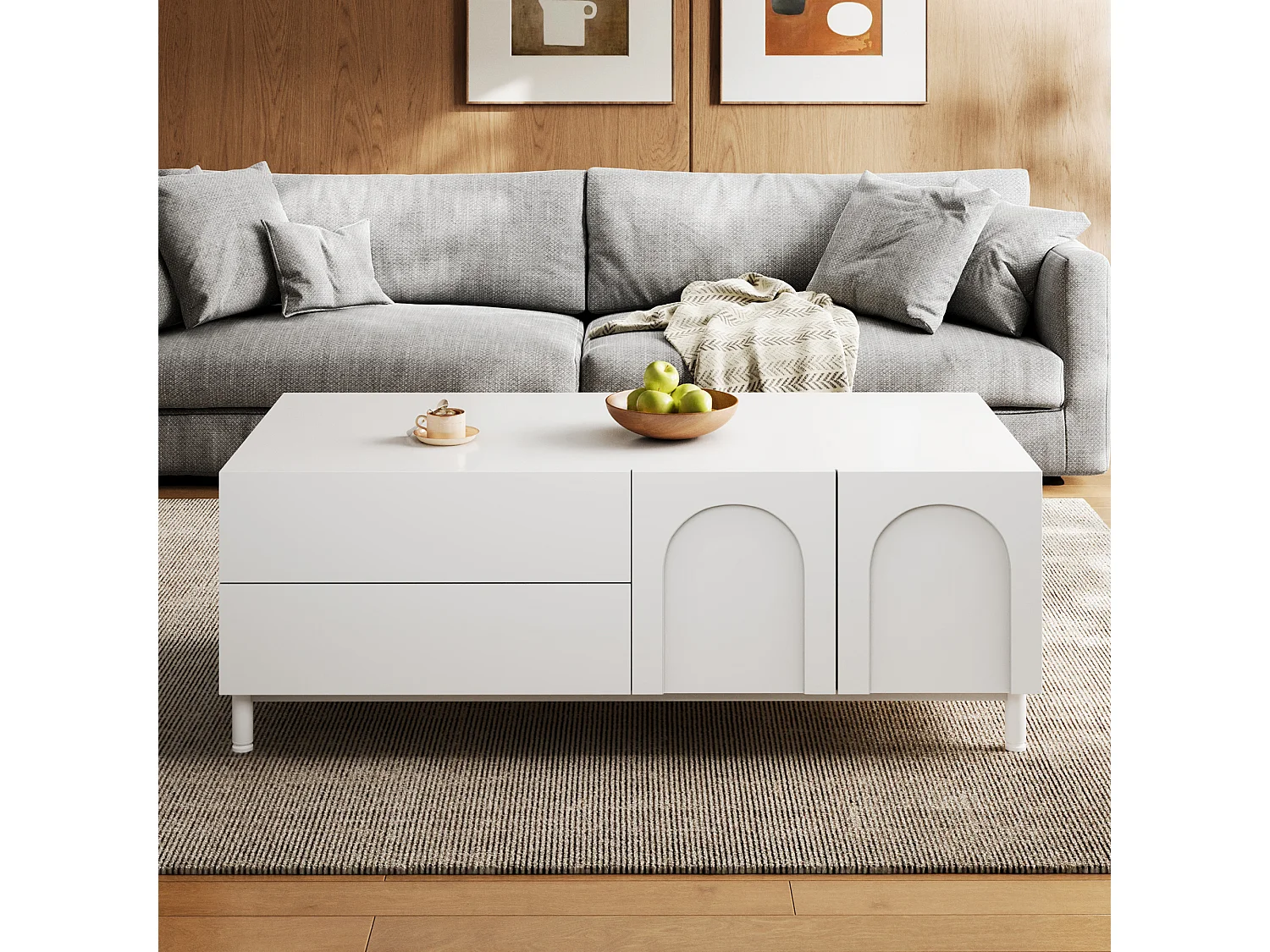 Coffee table with storage, 2 drawers and 2 arched doors - Particleboard and MDF - 100 x 50 x 39.5 cm - White