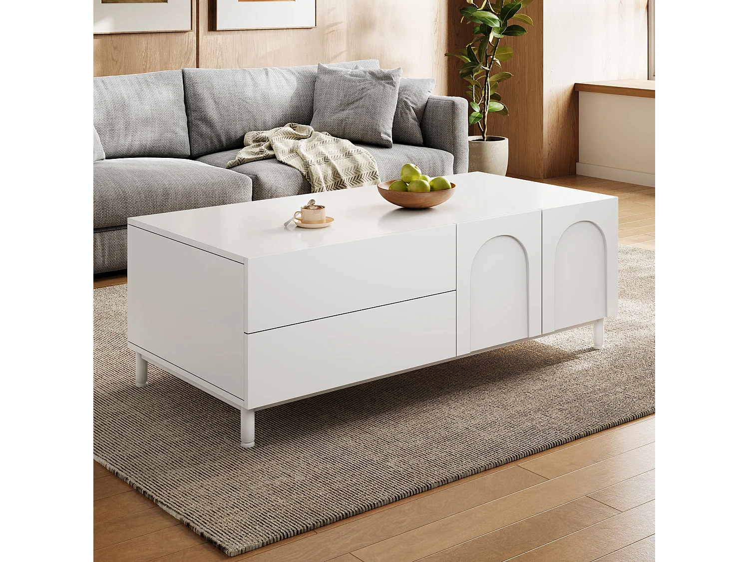 Coffee table with storage, 2 drawers and 2 arched doors - Particleboard and MDF - 100 x 50 x 39.5 cm - White