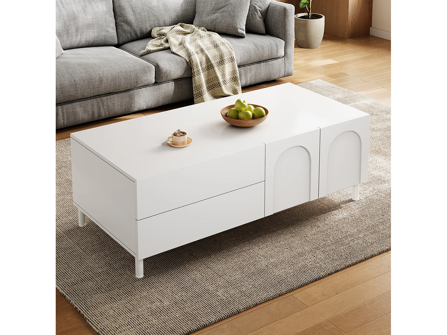 Coffee table with storage, 2 drawers and 2 arched doors - Particleboard and MDF - 100 x 50 x 39.5 cm - White