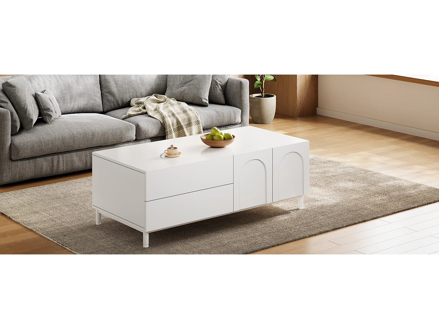 Coffee table with storage, 2 drawers and 2 arched doors - Particleboard and MDF - 100 x 50 x 39.5 cm - White