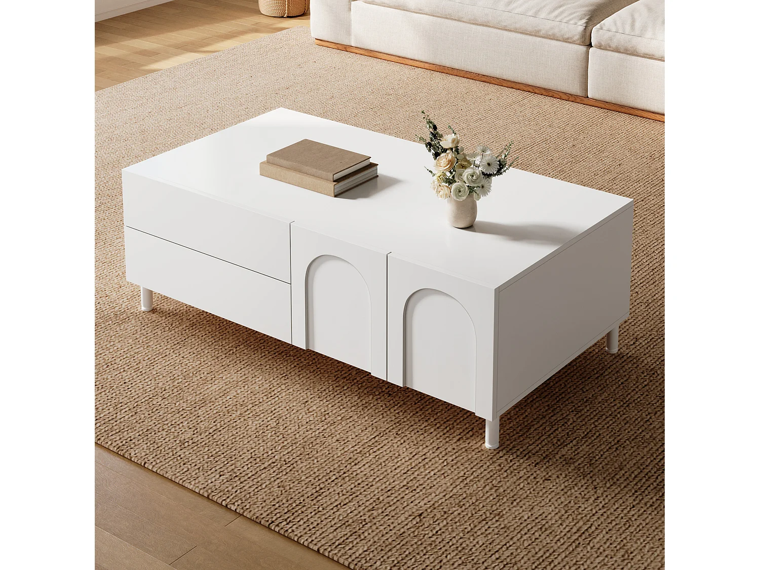 Coffee table with storage, 2 drawers and 2 arched doors - Particleboard and MDF - 100 x 50 x 39.5 cm - White