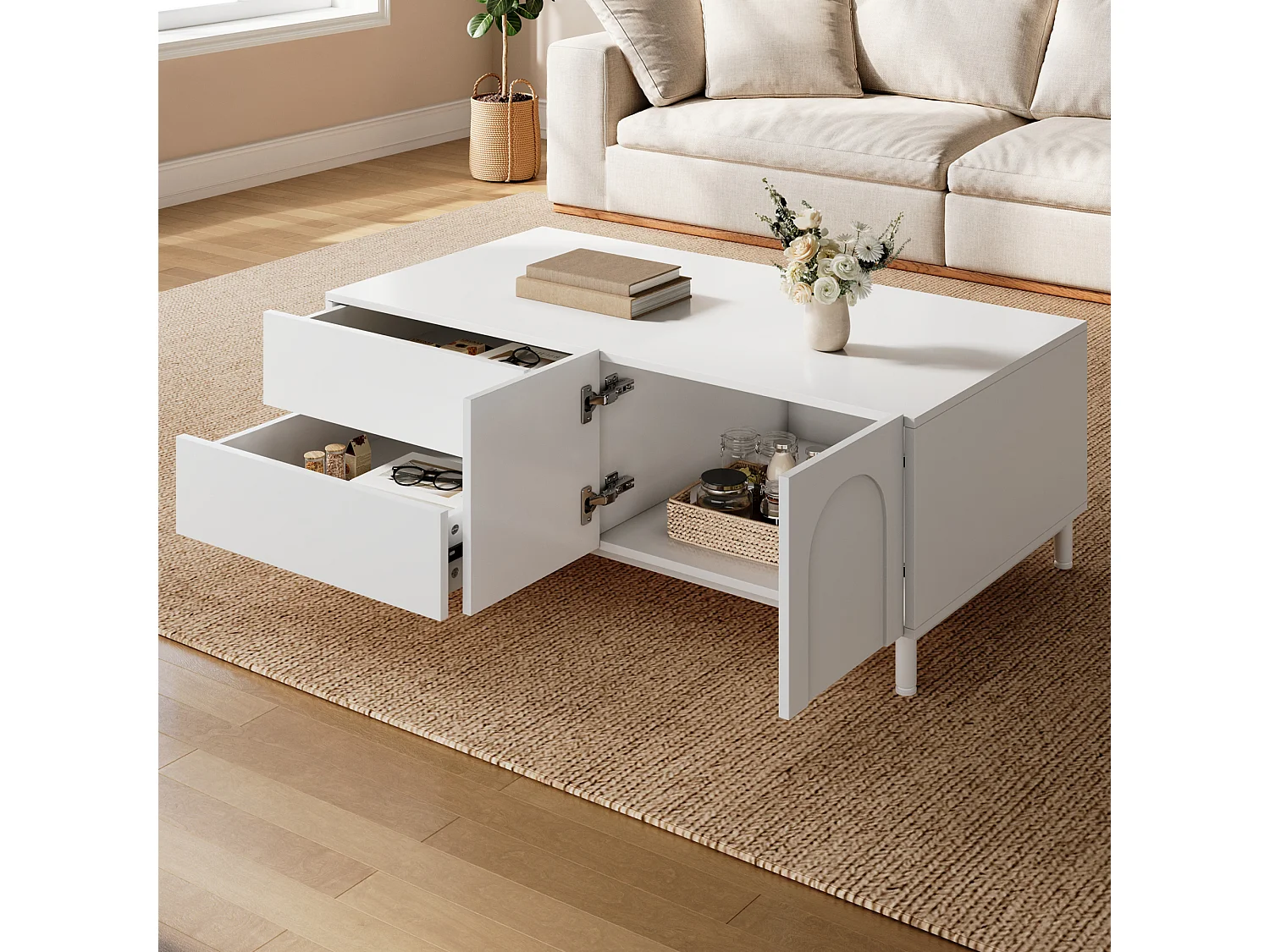 Coffee table with storage, 2 drawers and 2 arched doors - Particleboard and MDF - 100 x 50 x 39.5 cm - White