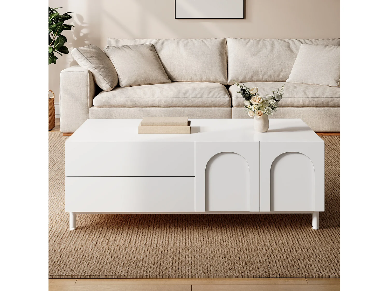 Coffee table with storage, 2 drawers and 2 arched doors - Particleboard and MDF - 100 x 50 x 39.5 cm - White