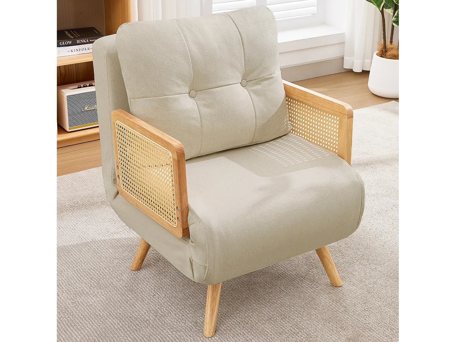 Fauteuil convertible 3 en 1 avec dossier réglable 5 positions et coussin amovible – Lin, bois massif et rotin – 67,5 x 73 x 86,5 cm - Beige