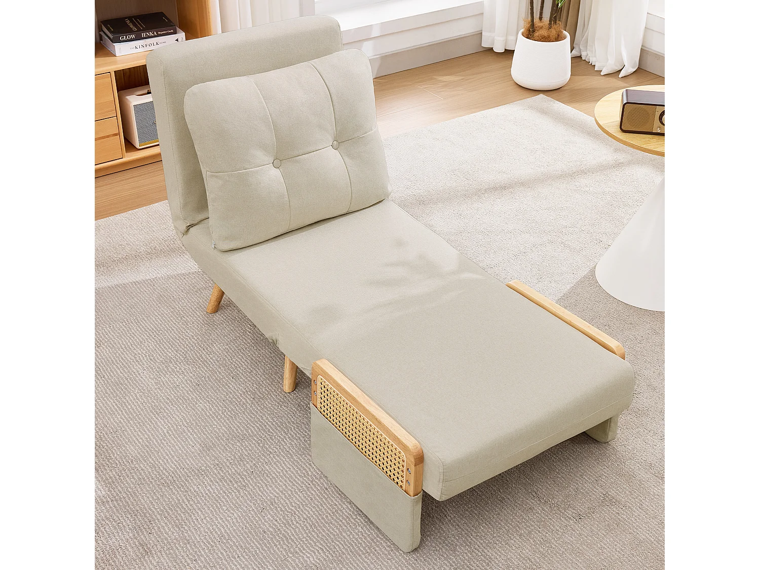 Fauteuil convertible 3 en 1 avec dossier réglable 5 positions et coussin amovible – Lin, bois massif et rotin – 67,5 x 73 x 86,5 cm - Beige