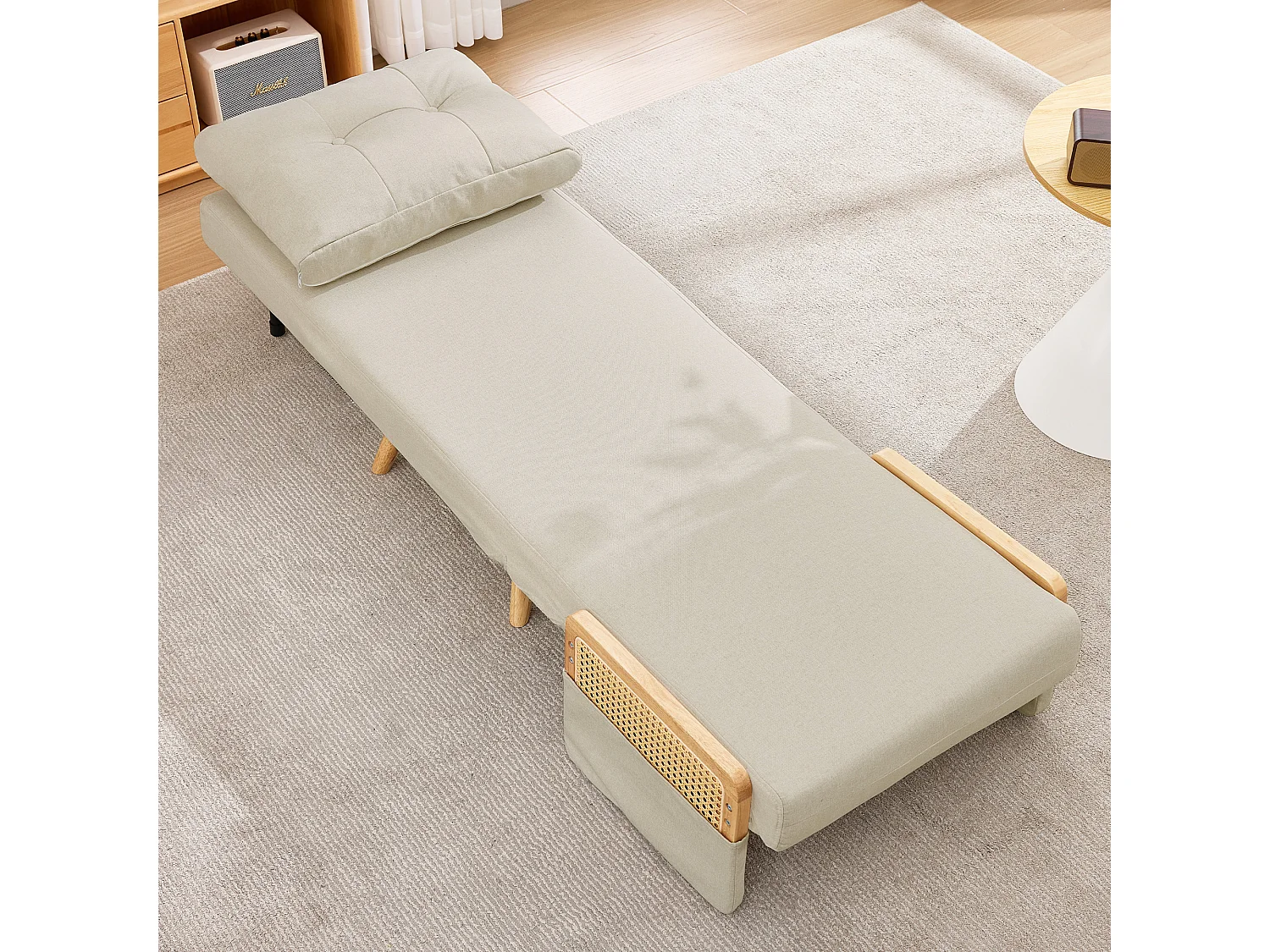 Fauteuil convertible 3 en 1 avec dossier réglable 5 positions et coussin amovible – Lin, bois massif et rotin – 67,5 x 73 x 86,5 cm - Beige