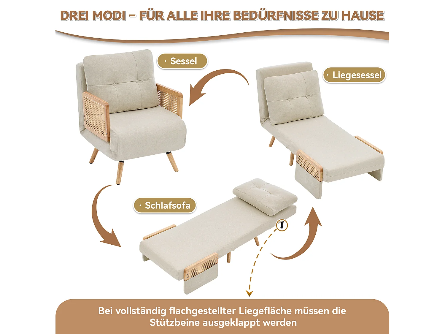 Fauteuil convertible 3 en 1 avec dossier réglable 5 positions et coussin amovible – Lin, bois massif et rotin – 67,5 x 73 x 86,5 cm - Beige