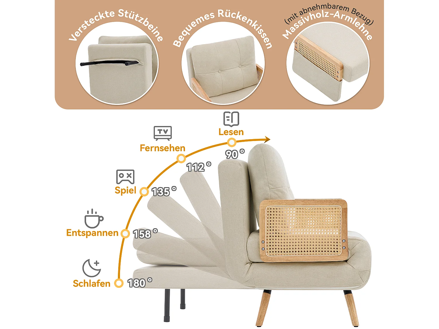 Fauteuil convertible 3 en 1 avec dossier réglable 5 positions et coussin amovible – Lin, bois massif et rotin – 67,5 x 73 x 86,5 cm - Beige