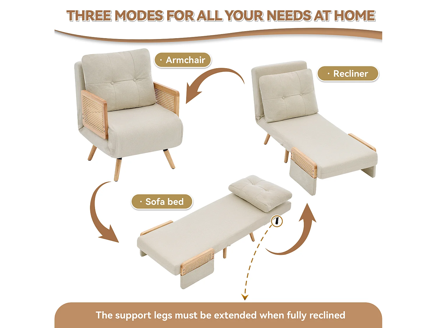 Fauteuil convertible 3 en 1 avec dossier réglable 5 positions et coussin amovible – Lin, bois massif et rotin – 67,5 x 73 x 86,5 cm - Beige