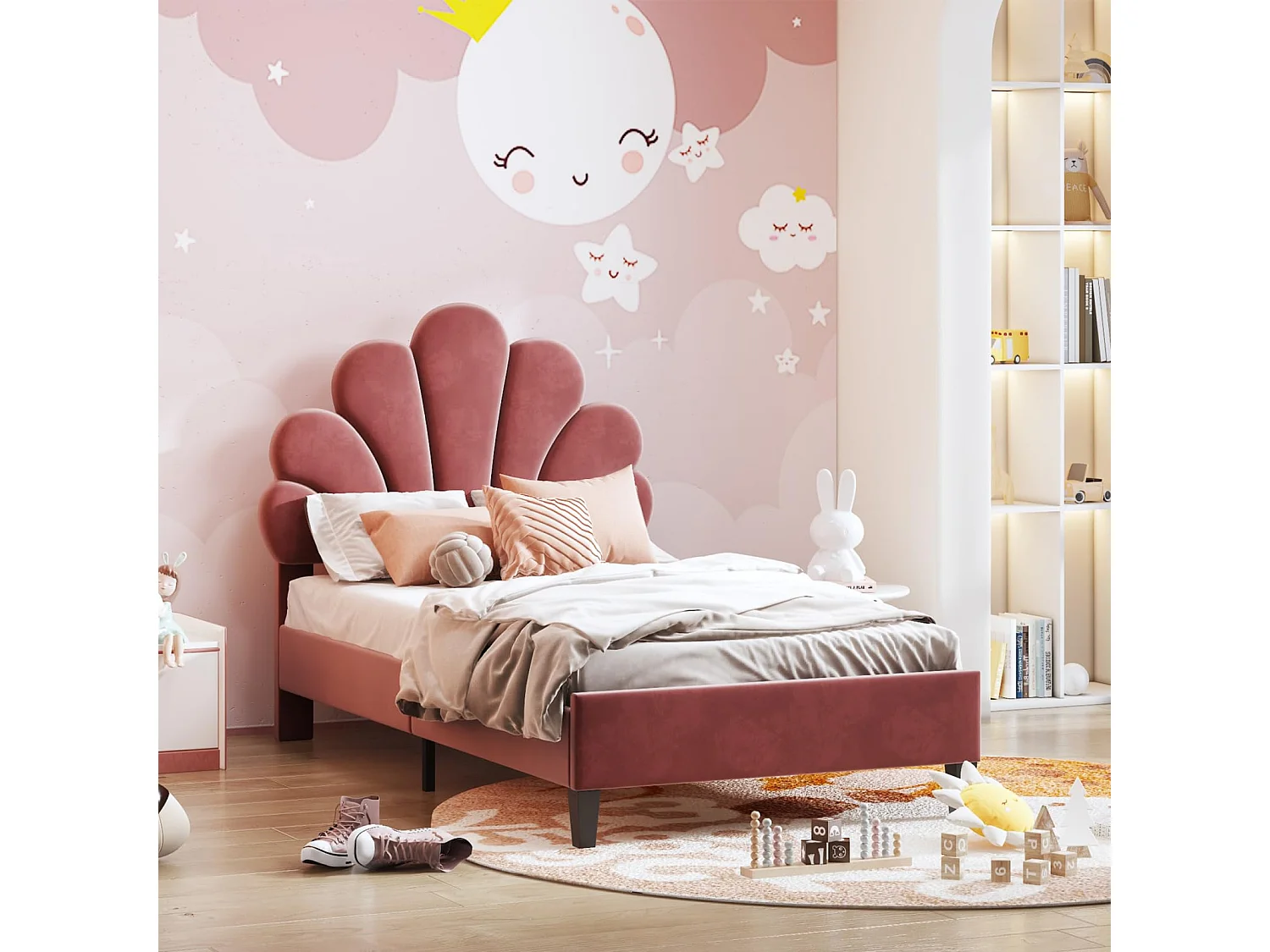 Lit enfant en velours 90x200cm - sommier à lattes en bois - Tête de lit en forme de pétale - Rose