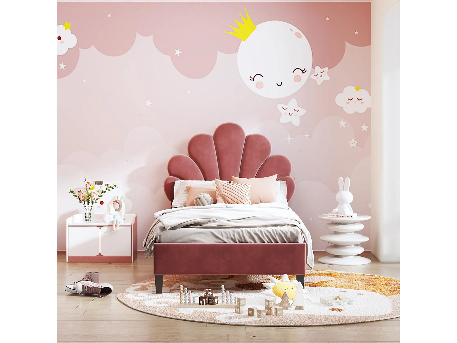 Lit enfant en velours 90x200cm - sommier à lattes en bois - Tête de lit en forme de pétale - Rose