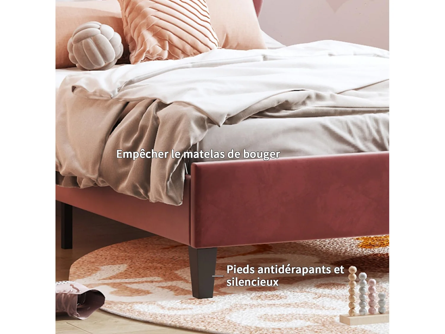 Lit enfant en velours 90x200cm - sommier à lattes en bois - Tête de lit en forme de pétale - Rose