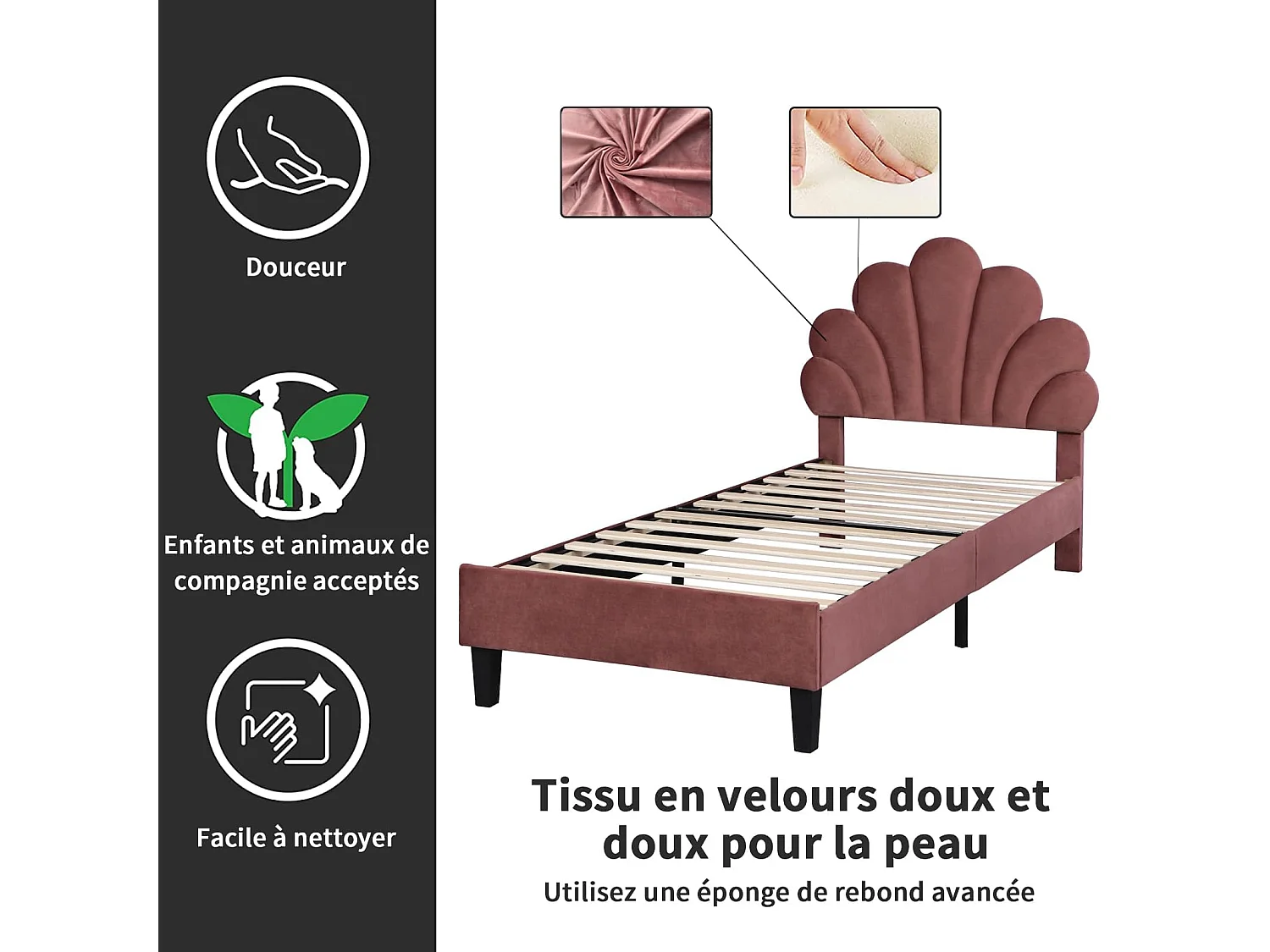 Lit enfant en velours 90x200cm - sommier à lattes en bois - Tête de lit en forme de pétale - Rose