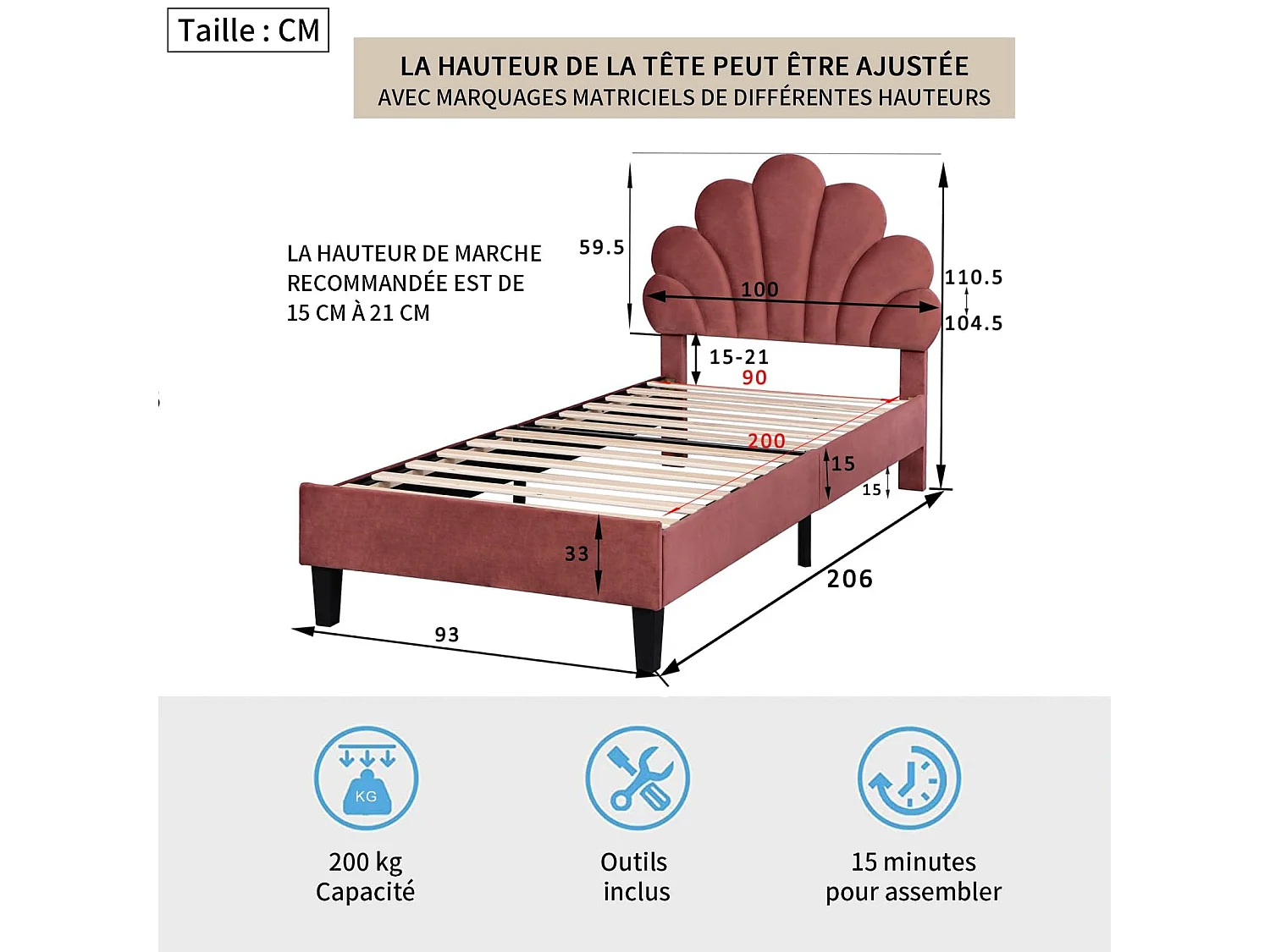 Lit enfant en velours 90x200cm - sommier à lattes en bois - Tête de lit en forme de pétale - Rose