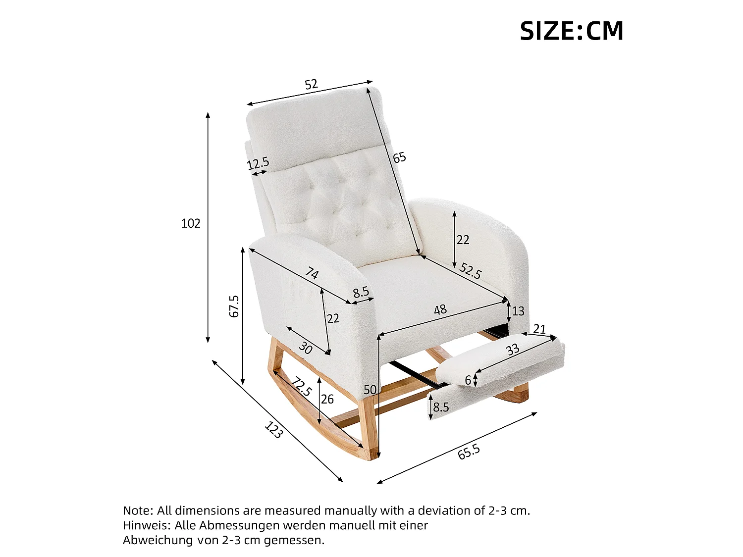 Fauteuil à bascule avec repose-pieds réglable, accoudoirs et poches latérales - Bois/peluche/éponge - 65,6 x 123 x 102 cm - Blanc