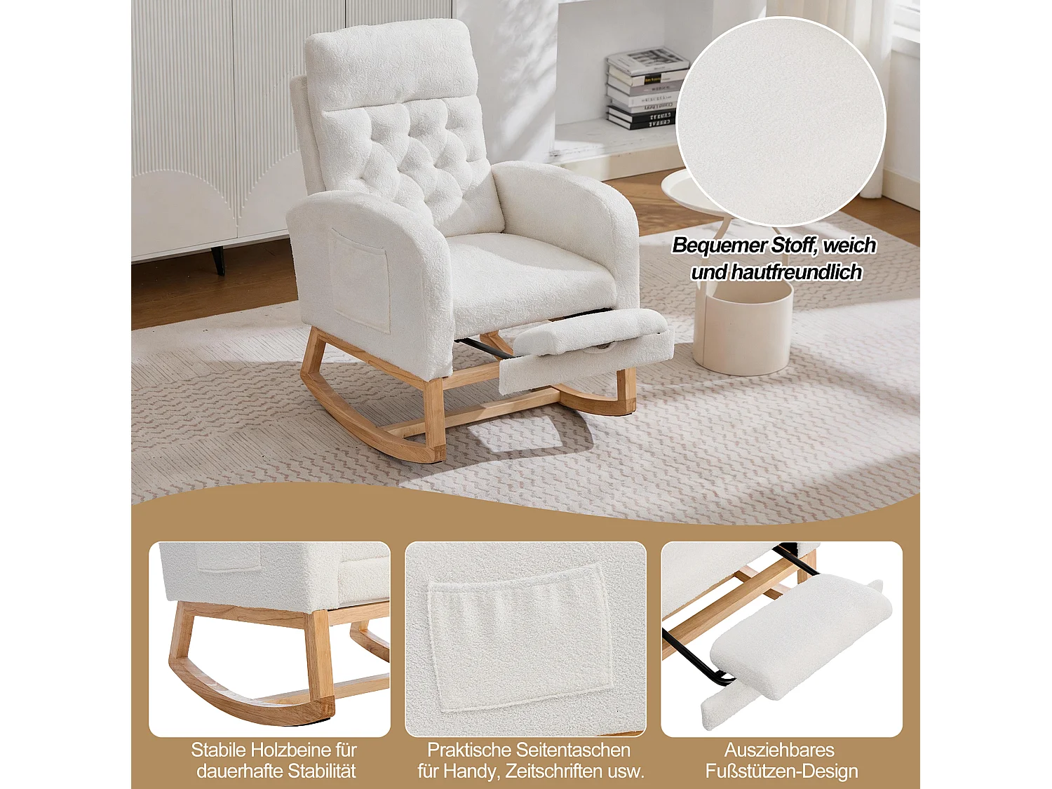 Fauteuil à bascule avec repose-pieds réglable, accoudoirs et poches latérales - Bois/peluche/éponge - 65,6 x 123 x 102 cm - Blanc